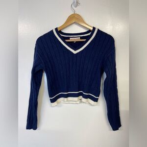 Willow & Wind Size M Navy Blue and White Cable Knit Cropped Girlhoodcore Sweater